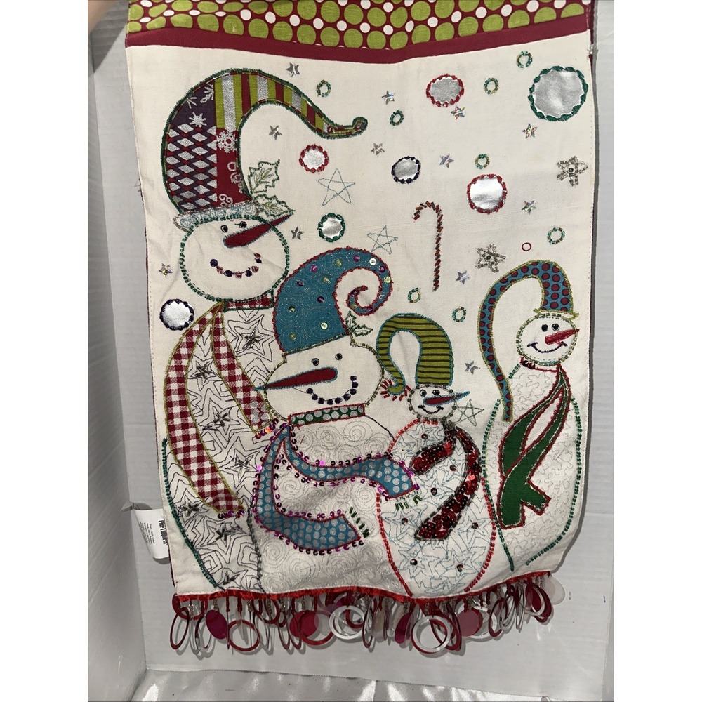 Pier 1 Imports Snowman Christmas Table Runner Embroidered Beaded Fringe 108x13